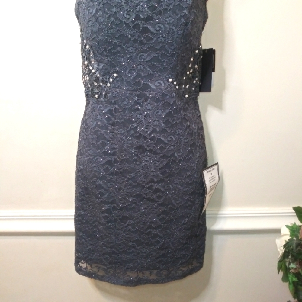 City Studio Pearl & Rhinestone Studded Sparkly Gray Lace Sheath Cocktail Dress - Picture 6 of 14